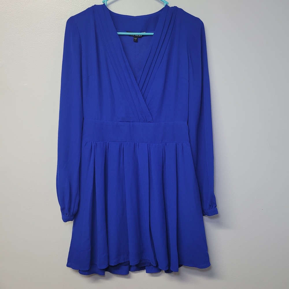 Express Blue Dress Womens Size 4 Long Sleeve V-Neck Pleated Fit & Flare Mini